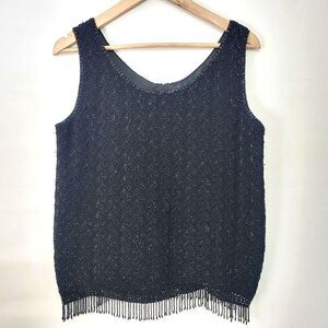 Vintage Heavy Beaded Black Tassle Hem Top